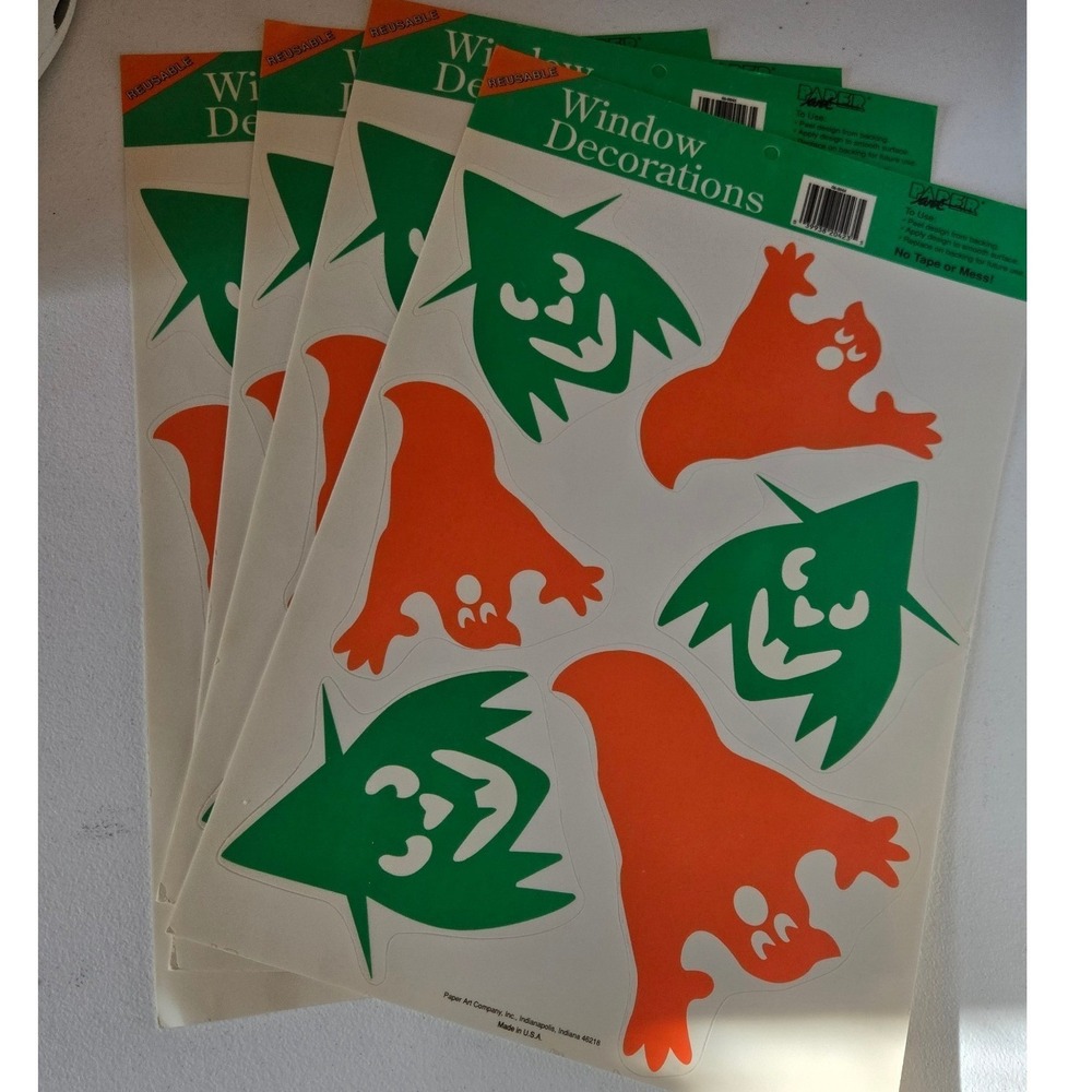 Vintage 80s Paper Art Halloween Window Clings Reusable Witches & Ghosts Lof of 4
